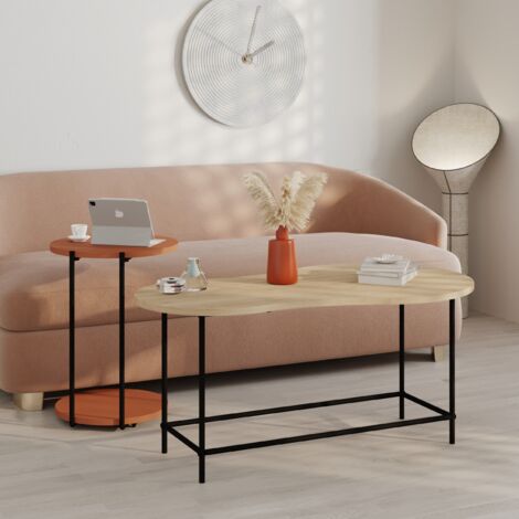 Decortie Table à café moderne chêne, cannelle 2 pièces table gigogne ronde à roulettes et table ovale pieds métal Bureau