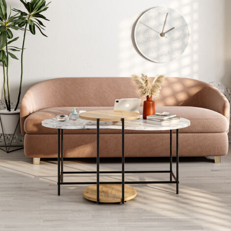 Decortie Table basse moderne à câliner Chêne 2 pièces à effet marbré Table ronde à roulettes et table ovale pieds métal