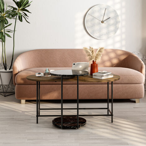 Decortie Table basse moderne Chêne foncé, effet marbre noir mat, ensemble de 2 pièces : table ronde à roulettes et table ovale, pieds en métal