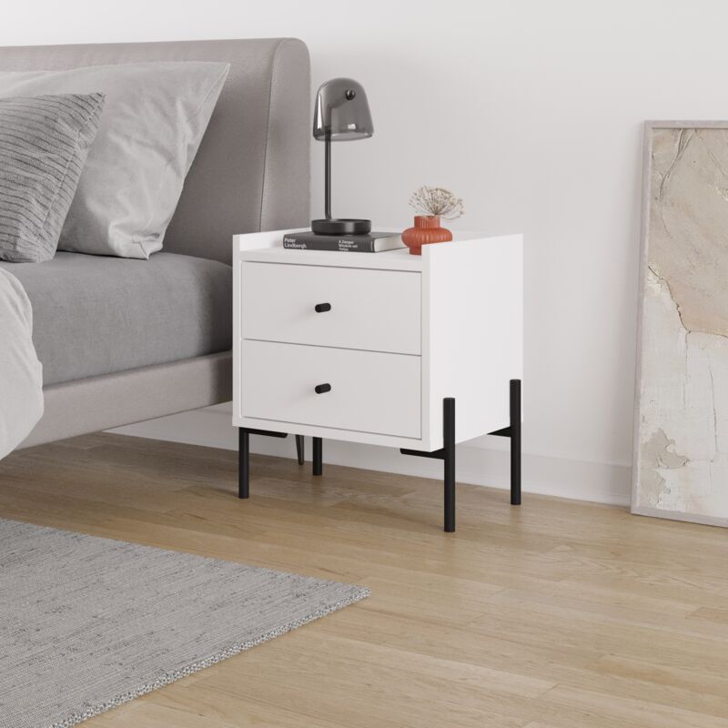 Decortie Table de nuit Malte blanche moderne avec 2 tiroirs, pieds en métal, 48.6 cm, chambre à coucher, meuble de rangement Decortie Table de nuit Malte blanche moderne avec 2 tiroirs, pieds en métal, 48.6 cm, chambre à coucher, meuble de rangement
