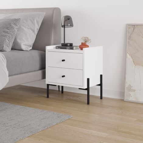 Decortie Table de nuit Malte blanche moderne avec 2 tiroirs, pieds en métal, 48.6 cm, chambre à coucher, meuble de rangement