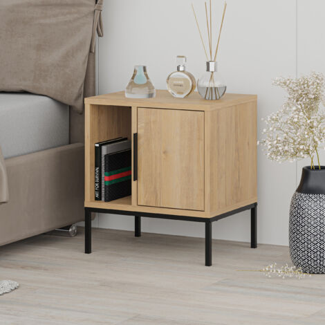 Decortie Table de nuit moderne Glynn, chêne, 1 porte, pieds en métal noir, poignée métallique, 45 cm – style élégant pour chambre