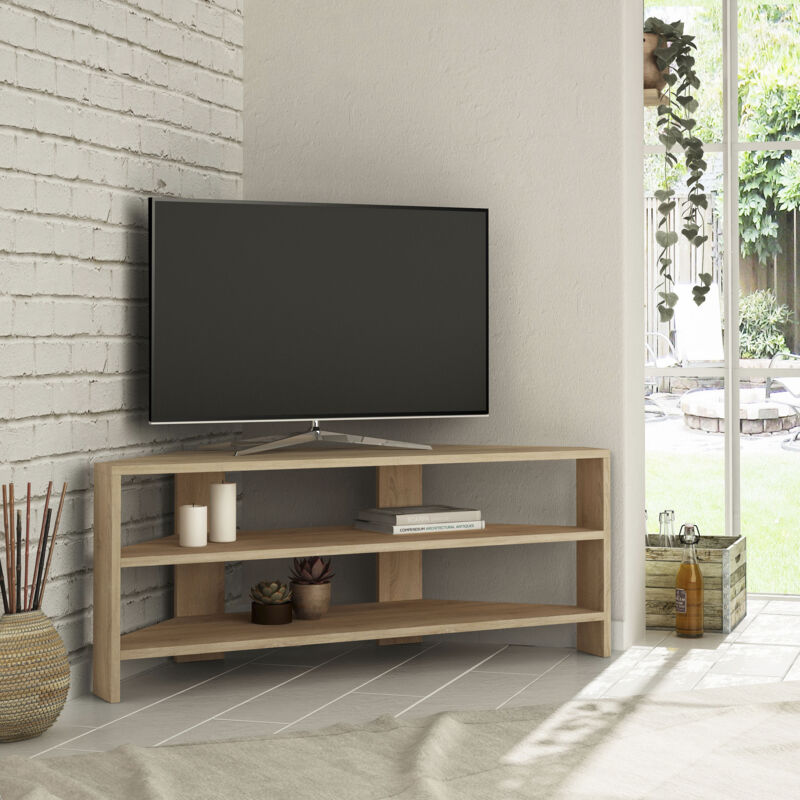Decortie Meuble TV d'angle Thales 2 étagères ouvertes Centre multimédia Chêne 45x110x36cm