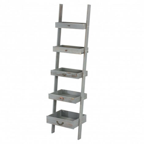 Décoshop26 – Échelle étagère à plantes vintage en bois de paulownia gris 169x43x32cm – 5 étagères – Surface brossée unique – ETA04012