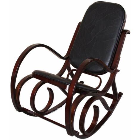 Décoshop26 – Fauteuil à bascule rocking chair en bois de noyer foncé – Assise en cuir patchwork noir – Dimensions 50x90x90 cm – FAB04010
