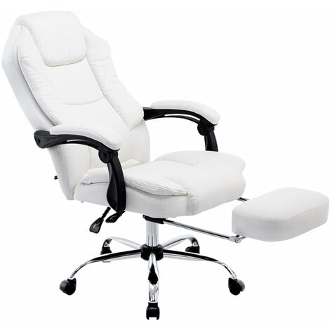 Décoshop26 – Fauteuil de bureau ergonomique synthétique blanc avec repose-pieds et accoudoirs – Hauteur réglable 114-124 cm – BUR10378