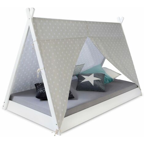 Décoshop26 – Lit enfant tipi 90 x 200 cm en bois de pin blanc – Tente en tissu étoiles – Sommier à lattes inclus – Facile à assembler