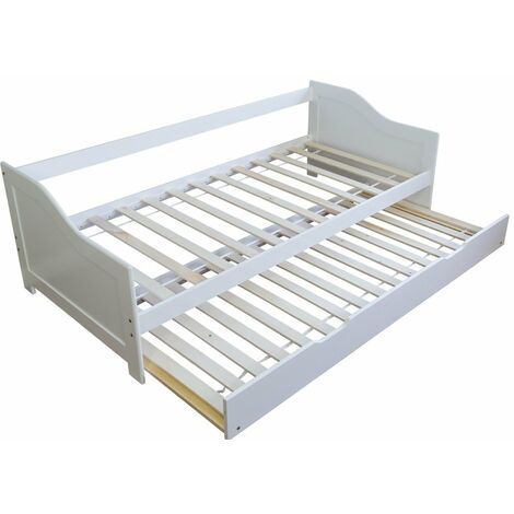 Décoshop26 – Lit gigogne 90x200cm avec tiroir-lit sur roulettes – Sommier à lattes en bois de pin laqué blanc – LIT06074