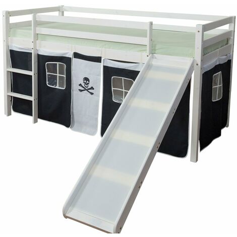Décoshop26 – Lit mezzanine 90x200cm en bois blanc laqué avec échelle réversible et toboggan noir pirate – Charge max 70kg – LIT06117