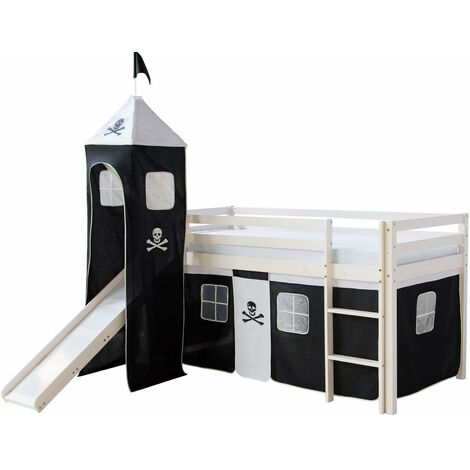 Décoshop26 – Lit mezzanine 90x200cm en bois massif blanc avec échelle toboggan réversible et toile noir pirate – Charge max 70kg – LIT06154