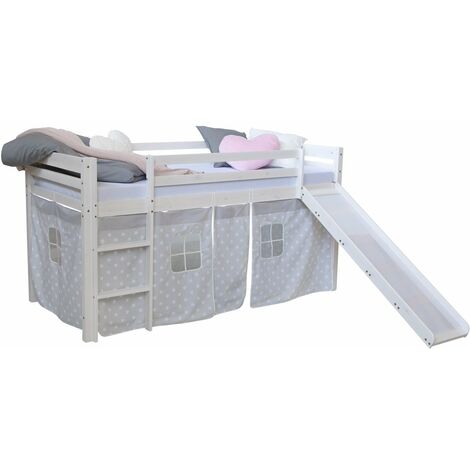 Décoshop26 – Lit mezzanine enfant 90x200cm en bois blanc laqué – Échelle réversible et toboggan – Rideau gris étoiles – LIT06179