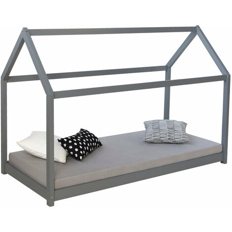 Décoshop26 – Lit pour enfant en forme de maison en bois gris – Dimensions 90x200 cm – Sommier à lattes inclus – LIT06170