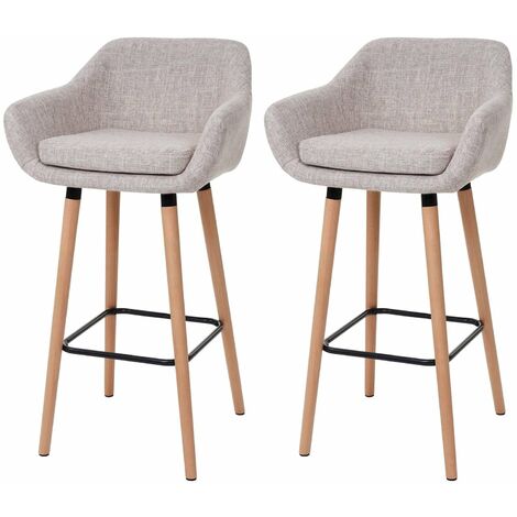 Décoshop26 – Tabourets de bar en tissu crème et gris – Lot de 2 – Repose-pieds métal – Pieds en bois massif de hêtre – Hauteur 99 cm – Hauteur d'assise 78,5 cm – TDB04029