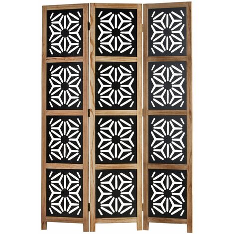 Décoshop26 – Paravent 3 panneaux en bois et MDF noir 170x120 cm – Séparateur de pièce pliable avec ornements fraisés – PAR06089