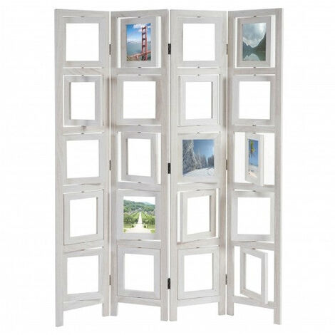 Décoshop26 – Paravent 4 panneaux pliable blanc en bois – Dimensions 160x125cm – Porte photos 26x23cm – PAR04030