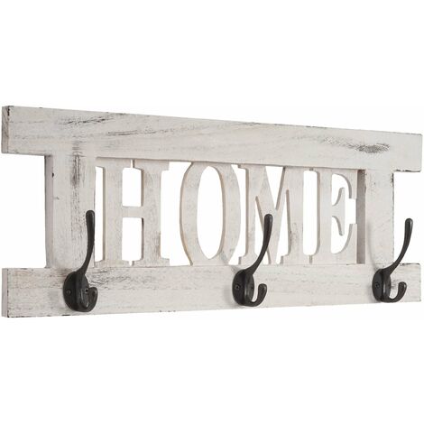 Décoshop26 – Porte-manteau mural en bois de paulownia blanc vintage avec 3 crochets – Dimensions 20x55cm – MED04052