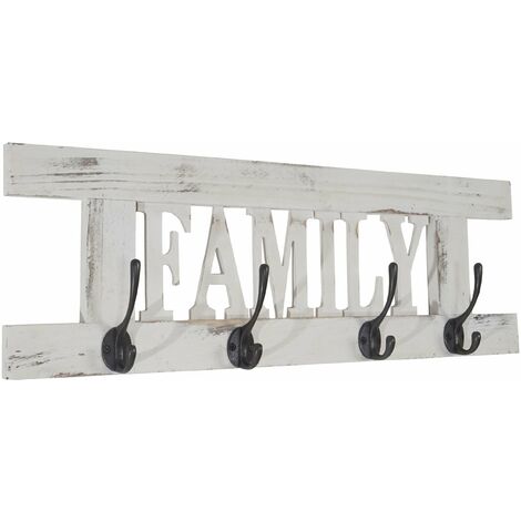 Décoshop26 – Porte-manteau mural en bois de paulownia blanc vintage avec 4 crochets – Dimensions 20,5x60x1,5 cm – MED04050