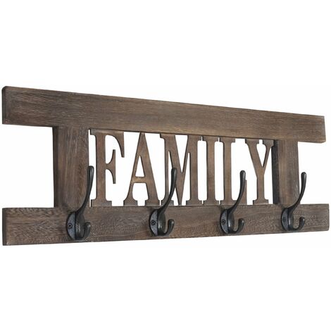 Décoshop26 – Porte-manteau mural en bois de paulownia marron vintage avec 4 crochets – Dimensions 20,5x60x1,5 cm – MED04049