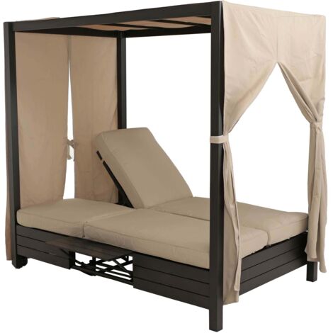 Décoshop26 – Transat double en aluminium noir avec coussins épais 10 cm – Dossiers réglables – Rideaux latéraux – Charge max 300 kg – 40009741