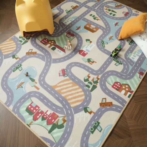 Décoweb – Tapis de jeu enfant circuit voiture campagne 120 x 170 cm – 100% polyamide – Compatible chauffage au sol – Facile d'entretien