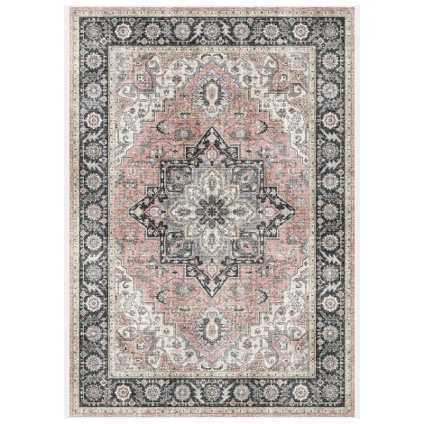Décoweb – Tapis persan doux à motif oriental bleu nuit et rose – 160 x 230 cm – 100% polyester – Épaisseur 7 mm – Certification Oeko-Tex