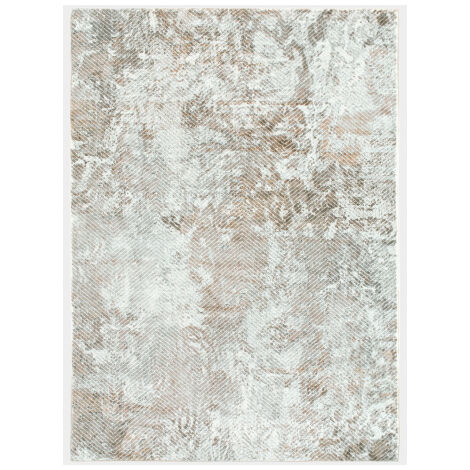 Décoweb – Tapis shaggy en velours 120 x 170 cm – Blanc marbré marron et camel – Épaisseur 10 mm – 100% polyester pour décoration intérieure