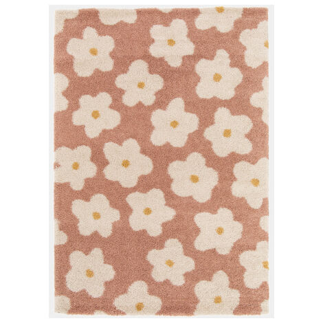 Décoweb – Tapis shaggy fleurs rose 160 x 230 cm – Épaisseur 30 mm – 100% polypropylène – Doux et moelleux pour intérieur