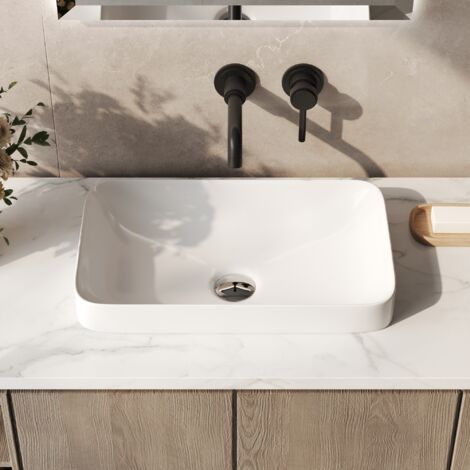 DeerValley Semi Recessed Bathroom Sink, 490x300mm Rectangula Ceramic Vessel Sink Basin for Bathroom Vanity Small Spaces Cloakroom WC