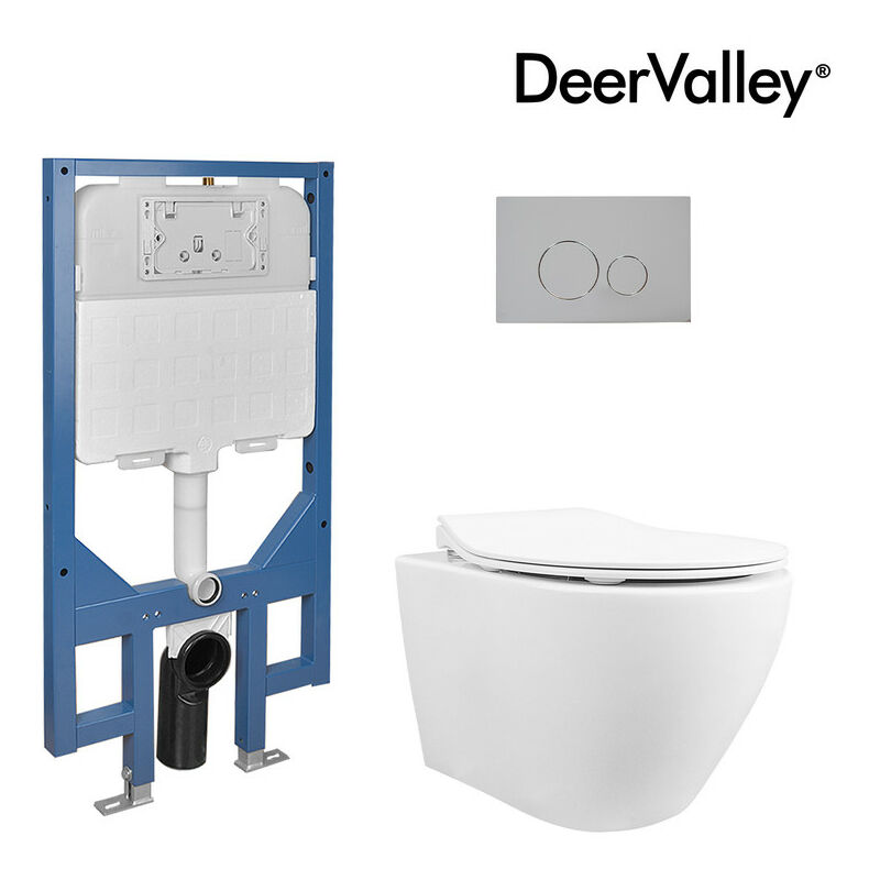 Bâti-support WC suspendu DeerValley – Pack avec WC mural, abattant blanc et plaque de commande chromée DV-1F0069-CF