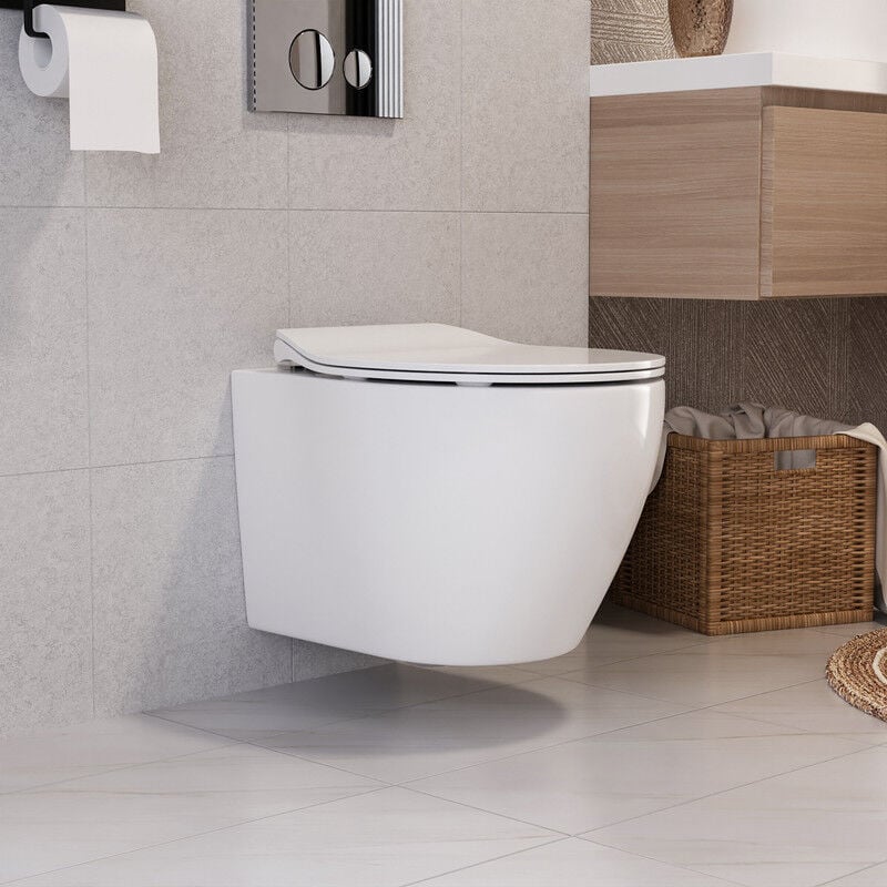 Deervalley - wc Suspendue blanche en céramique, design sans rebord avec chasse d'eau, abattant soft-close silencieux avec fermeture douce, style