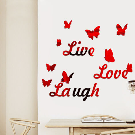 DEESSE SHOP-3D Acrylique Miroir Décoration Murale Autocollants, DIY Love Live Laugh Papillon Combinaison Art Autocollants Muraux, Décorations Pour La Maison Pour Salon, Chambre  (Rouge)