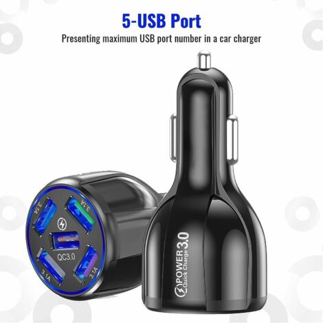 DEESSE SHOP - Chargeur de Voiture USB - Multi Protection, Lumière LED Bleue, 5 Ports avec Charge Rapide 3.0 Adaptateur de Cigarette de Voiture USB Chargeur Rapide pour Smartphone, iPhone, Tablette, Po