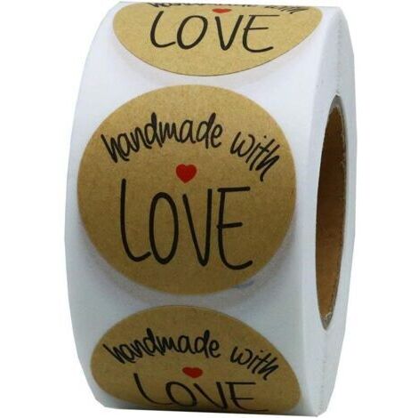 DEESSE SHOP-Étiquettes générales 500pcs Kraft Handmade with Love Stickers Rond Handmade Adhésif Stickers Rouleau d'étiquettes Baking Sticker Self-Adhesive Label pour cadeaux, loisirs créatifs ou proje