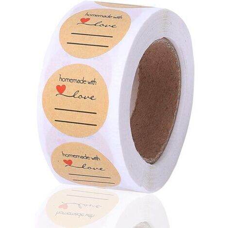 DEESSE SHOP-Étiquettes générales 500pcs Kraft Handmade with Love Stickers Rond Handmade Adhésif Stickers Rouleau d'étiquettes Baking Sticker Self-Adhesive Label pour cadeaux, loisirs créatifs ou proje