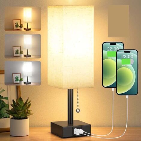 DEESSE SHOP-Lampe de chevet à intensité variable 3 couleurs 3000K/4000K/5000K – Ports de charge USB-A et USB-C – Ampoule LED E27 – Interrupteur à chaînette