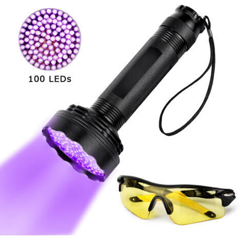 DEESSE SHOP-Lampe de poche UV 100 LED, lampe torche lumière noire ultraviolette avec lunettes de protection