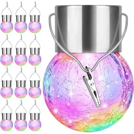 DEESSE SHOP-Lot de 12 lampes solaires d'extérieur à suspendre – Fonctionne à l'énergie solaire en forme de boule de verre craquelé étanche à l'eau avec poignée pour jardin, balcon, terrasse, chemin, d