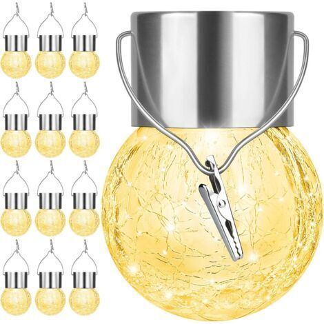 DEESSE SHOP-Lot de 12 lampes solaires d'extérieur à suspendre – Fonctionne à l'énergie solaire en forme de boule de verre craquelé étanche à l'eau avec poignée pour jardin, balcon, terrasse, chemin, d