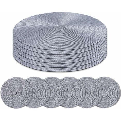 DEESSE SHOP - Lot de 6 sets de table ronds et sous-verres tissés tressés pour table à manger (gris)