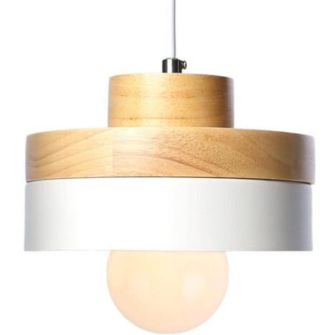 DEESSE SHOP-Luminaire suspendu contemporain en bois et métal – Abat-jour blanc en aluminium – Douille E27 – Compatible LED – Pour salle à manger, cuisine