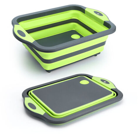 DEESSE SHOP - Mise à niveau de la planche à découper pliable verte avec passoire, planche à découper pliante en silicone multifonction, cuve à vaisselle, panier de rangement pour passoire alimentaire,