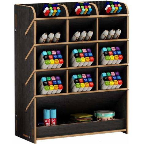 DEESSE SHOP - Organiseur de bureau, boîte de rangement multifonction en bois pour stylos pour la maison, le bureau et l'école Noir