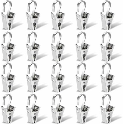 DEESSE SHOP - Pince à rideau en acier inoxydable, 20 pinces à tringle à rideau de 35 mm, pinces à anneaux de douche, pinces à crochets en argent pour lustres, images, rideaux de douche et tentures