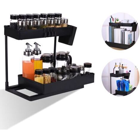 DEESSE SHOP-Rangement sous évier avec tiroir de rangement coulissant Rangement sous évier à 2 niveaux avec 4 crochets Rangement sous évier avec panier de rangement coulissant pour cosmétiques cuisine 