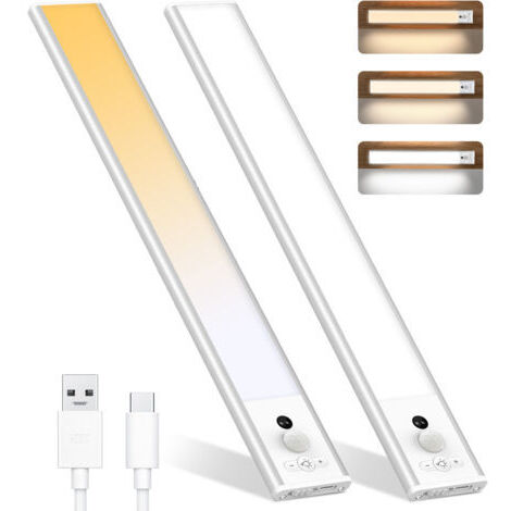 DEESSE SHOP-Réglette et spot de cuisine et meuble 2pcs Capteur de mouvement PIR intérieur LED veilleuse sous armoire USB sans fil batterie rechargeable placard cuisine placard armoire lumière-argent