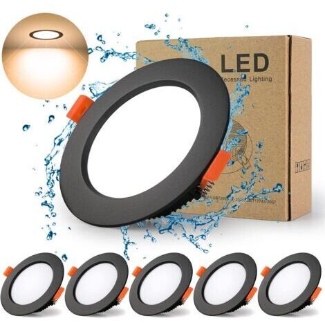 DEESSE SHOP-Spot Led Encastrable Noir Extra Plat, 5 Pack 7W 700LM = 70W incandescence, IP44, 3000K Blanc Chaud, AC 220-240V,Découpe 70-85mm,Rond ultraslim plafond encastré Pour salle de bain,Cuisine,S