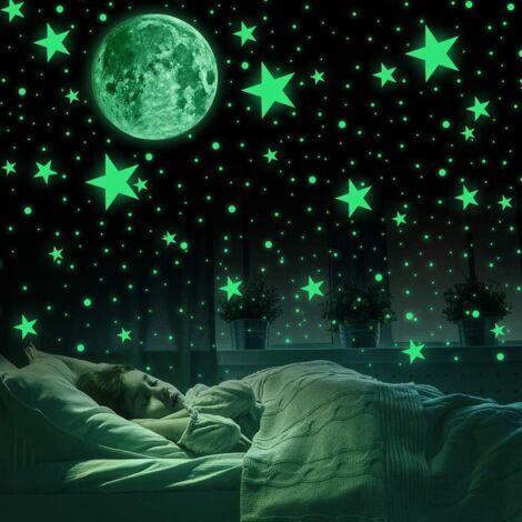 DEESSE SHOP-Stickers lumineux pour chambre d'enfant stickers muraux 435 pcs autocollants spots lumineux et lune stickers muraux 30cm pour ciel étoilé, étoiles brillantes et stickers lumière fluorescen