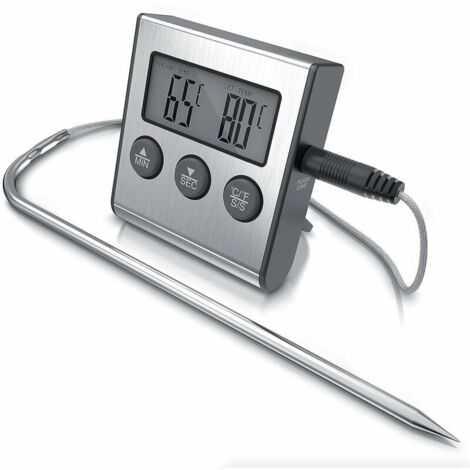 DEESSE SHOP - Thermomètre numérique pour gril avec sonde en acier inoxydable - 2 modes - Température avec signal d'alarme - Minuterie 0-99:59 min. - Plage de mesure -26° - 250°C - Thermomètre à rôtir 