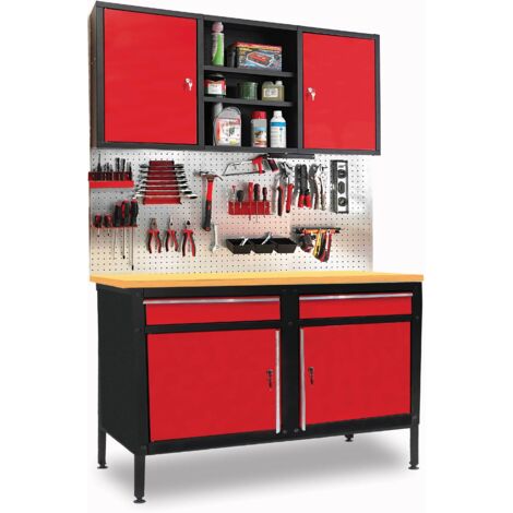 Defpro – Atelier modulable avec établi MDF 120L x 60l cm – Charge 80 kg – Armoire murale 2 portes 60 kg – Panneaux perforés pour outils