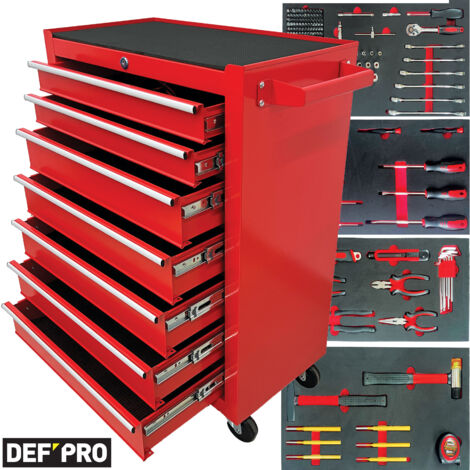 Defpro – Servante d'atelier 7 tiroirs – Capacité 115 kg – 188 outils inclus – Roues 3’’ avec frein – Tapis antiglisse pour stabilité